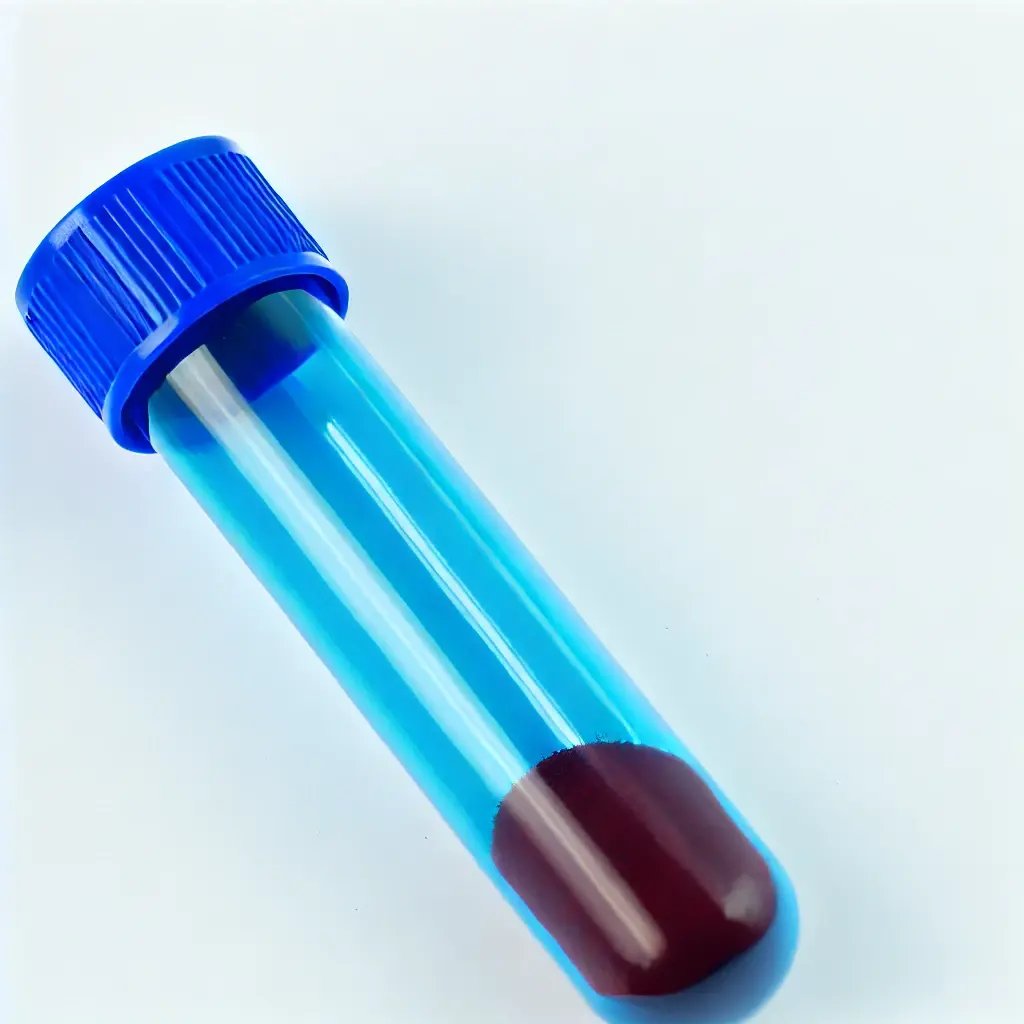 A blue scientific tube with a dark red solid material settled at the bottom, placed on a white background. The tube is upright, clearly showing the di